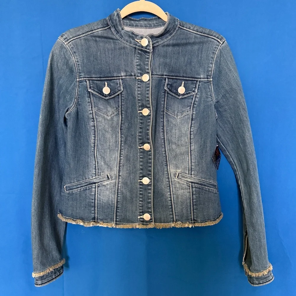 JW Style Y2K Frayed Edge Collarless Denim Jacket Size Small NWT